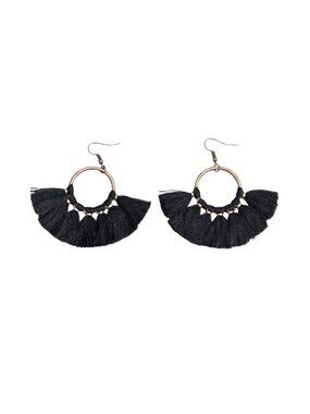 3/$20 NIP | Black Silk Tassel Fan Statement Hoop Earrings Gold Tone Boho